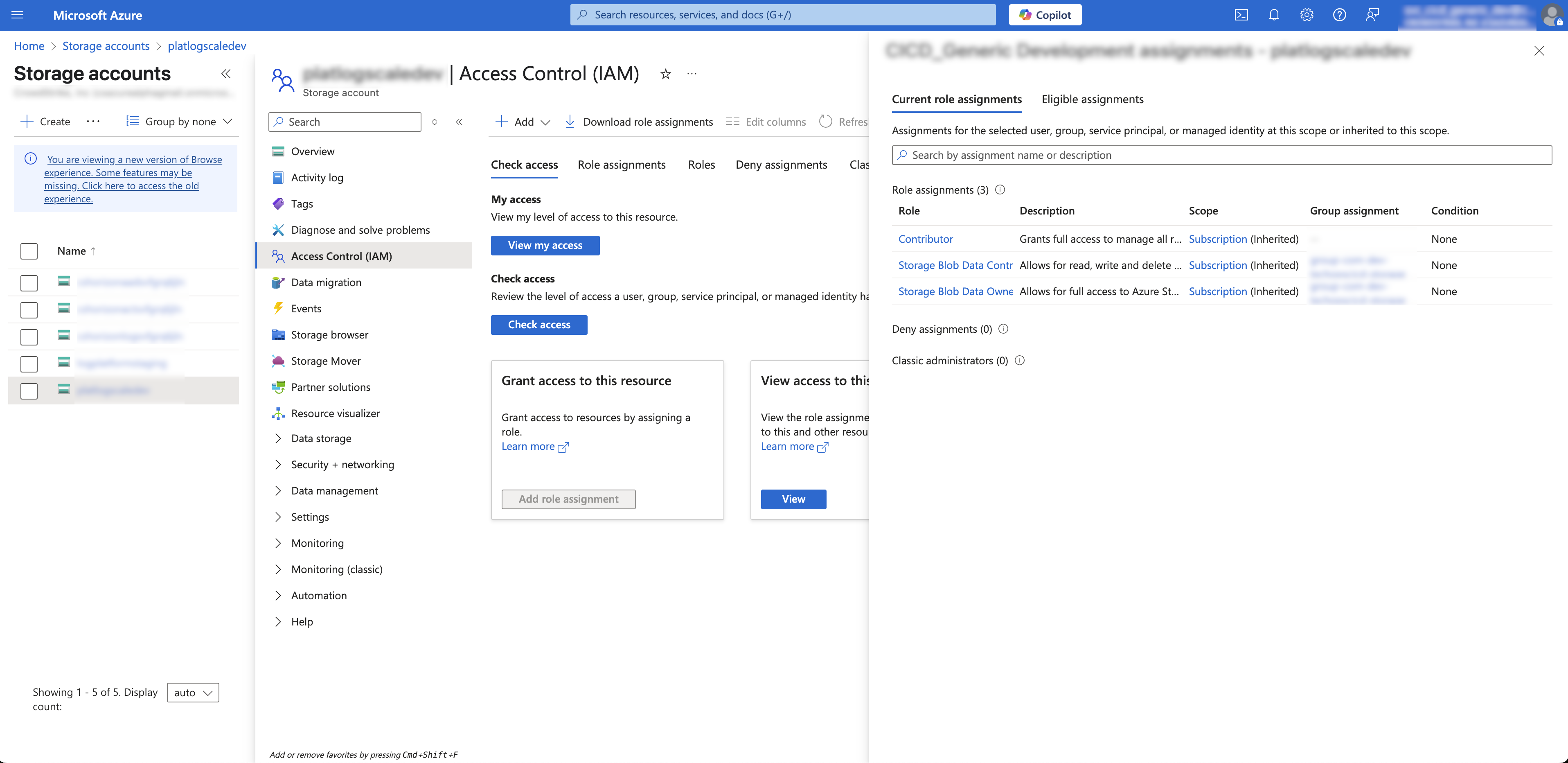 Screenshot of Azure portal displaying the Access control panel for a storage account with three RBAC role assignments listed: Storage Blob Data Reader, Storage Blob Data Contributor, and Storage Blob Data Owner