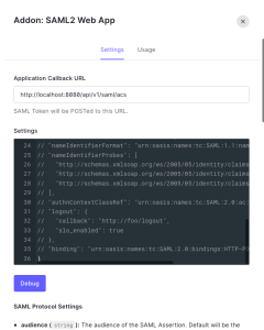 Screenshot of the Auth0 SAML settings page where users configure the callback URL to http://$YOUR_LOGSCALE_URL/api/v1/saml/acs, which needs to be enabled by scrolling to the bottom and clicking the enable button.