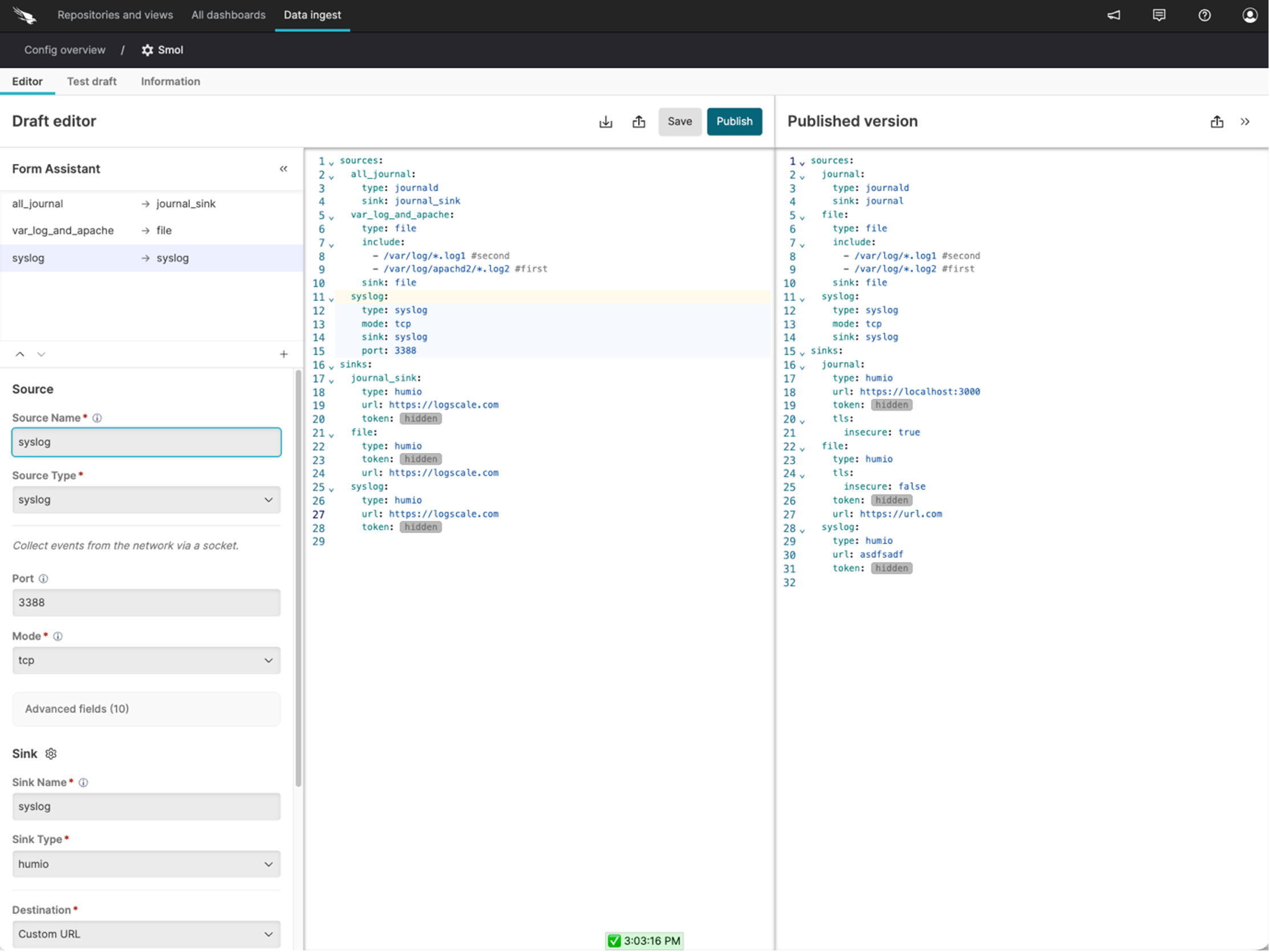 Configuration editor showing the Form Assistant panel on the left listing sources and sinks, the YAML editor in the middle with syntax highlighting and line numbers, and the Published Version in the right panel.