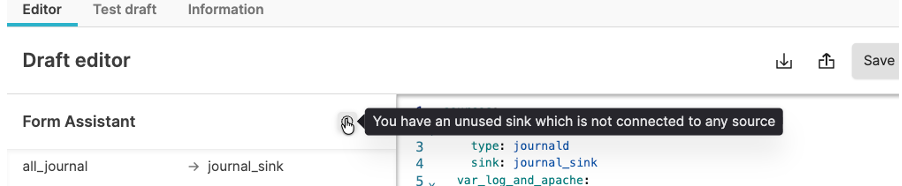 Configuration editor highlighting an unused sink which is not connected to any source.