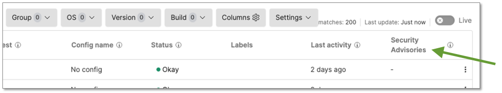 Security Advisories column in Fleet Overview