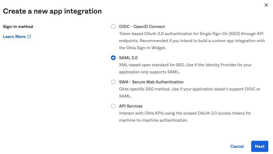 Screenshot of the Okta Create a new app integration page showing sign-in method options with SAML 2.0 selected
