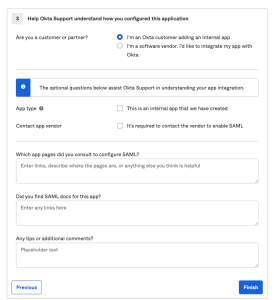 Screenshot of the Okta Feedback page where 'I'm an Okta customer adding an internal app' is selected and 'This is an internal app that we have created' is checked