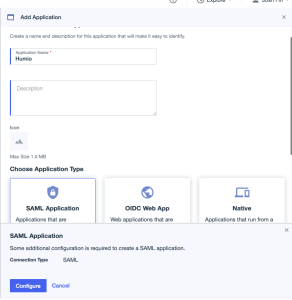 PingOne application creation interface with Application Name field and SAML Application type selection option.
