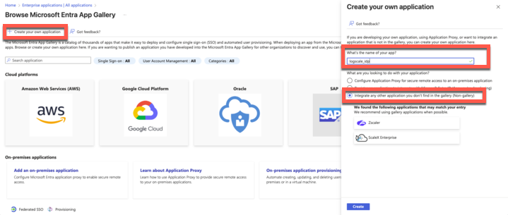 Screenshot of the Azure AD application creation interface showing the 'Create your own application' dialog. The form displays a text field for entering an application name (example shown: 'logscale_idp') and radio button options for integration types, with 'Integrate any other application you don't find in the gallery' selected. This interface appears during step 1 of the Azure AD integration with LogScale, where administrators must create a custom application to establish SAML authentication between Azure AD and LogScale.