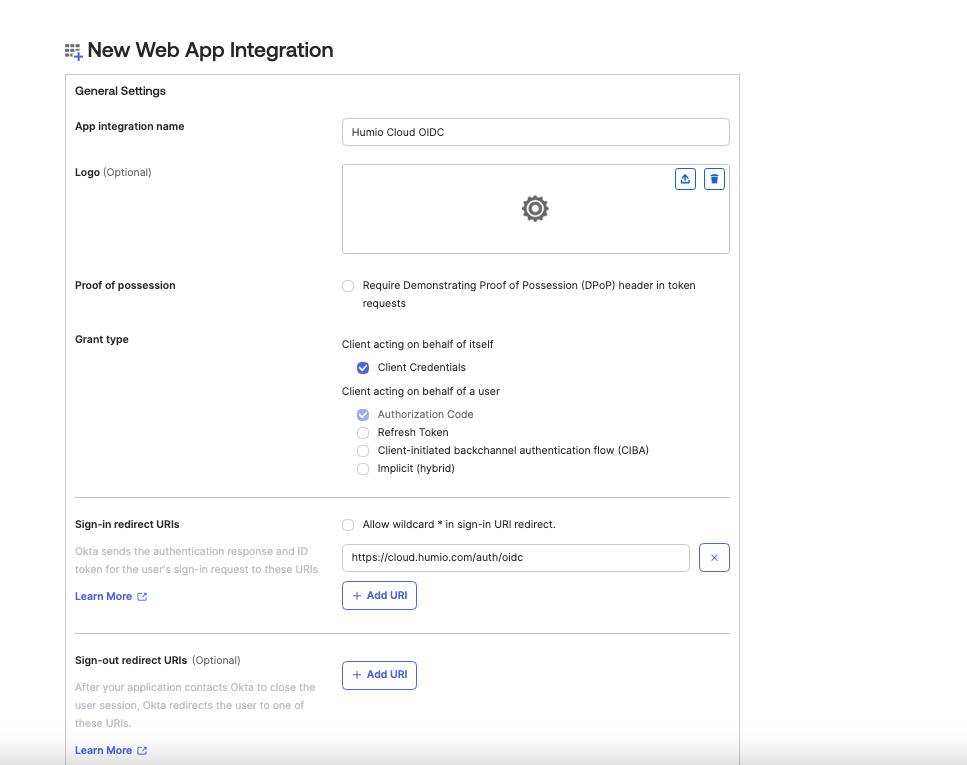 Screenshot of the Okta application configuration form's second section, showing the Sign-in redirect URI field populated with the LogScale authentication endpoint URL, Sign-out redirect URIs section, and the Assignment options where "Skip group assignment for now" is selected. This section configures how authentication redirects and user assignments are handled