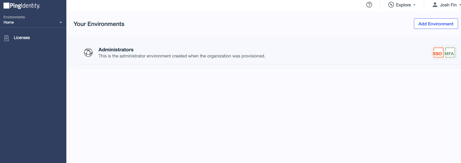 __ping__ dashboard interface showing the 'Add Environment' button highlighted for creating a new environment.