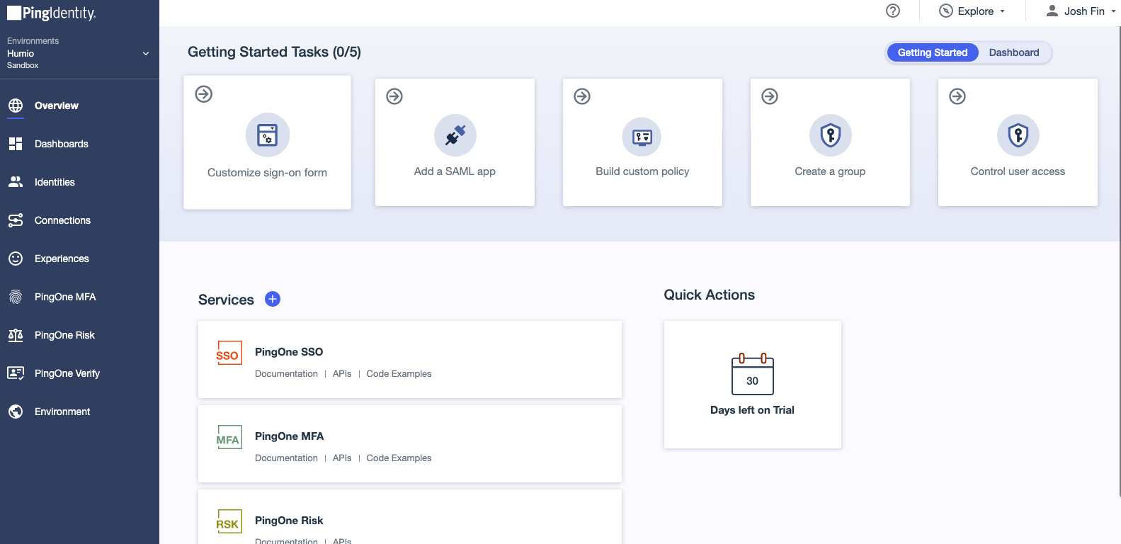 __ping__ environment overview page showing the newly created environment with configuration options and navigation menu.
