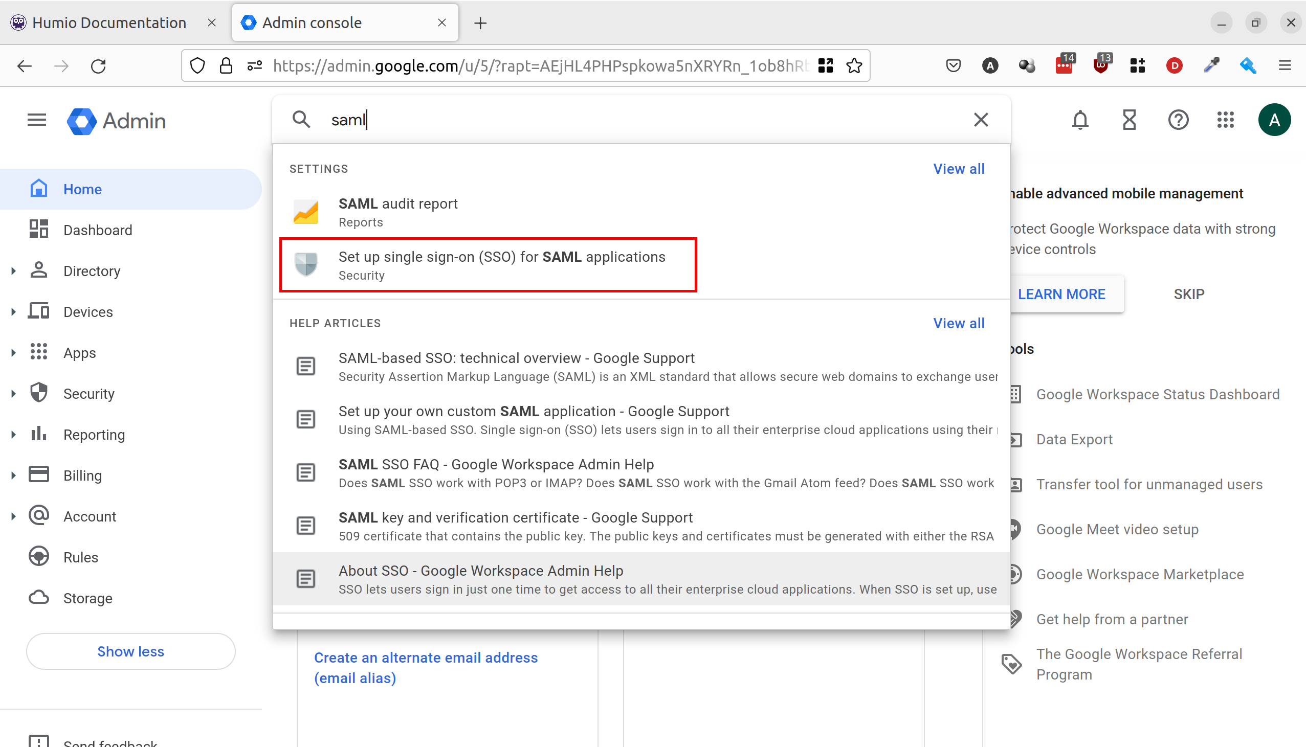 Screenshot of the __google_workspace__ Admin Console search interface showing search results for 'SAML'. The 'Set up single sign-on (SSO) for SAML applications' option is highlighted, which is the entry point for configuring SAML authentication for LogScale integration.