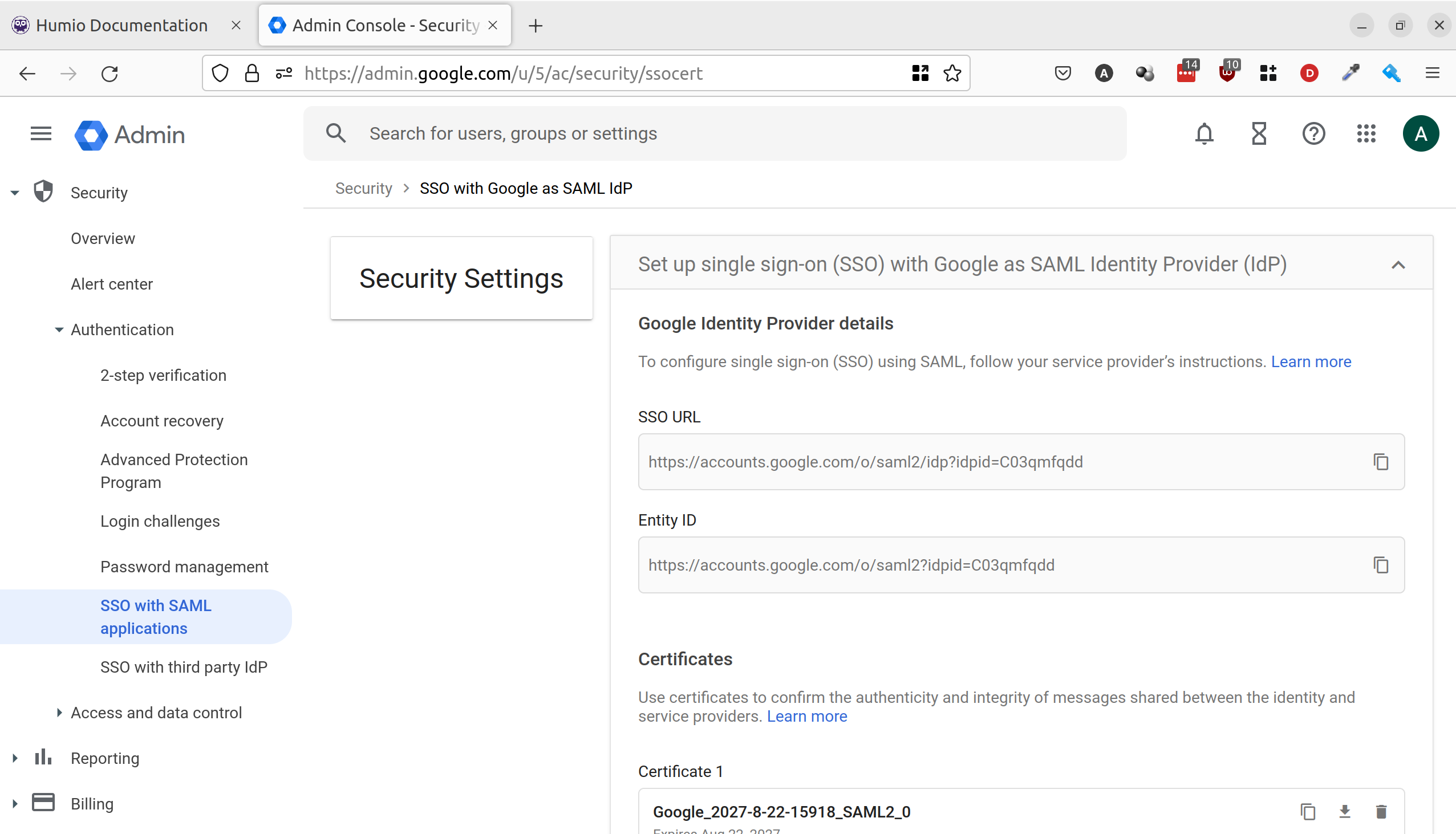 Screenshot of the __google_workspace__ SSO configuration page displaying the Identity Provider details. The image shows the SSO URL and Entity ID fields that need to be copied for LogScale integration, which are critical pieces of information required for establishing the SAML connection.