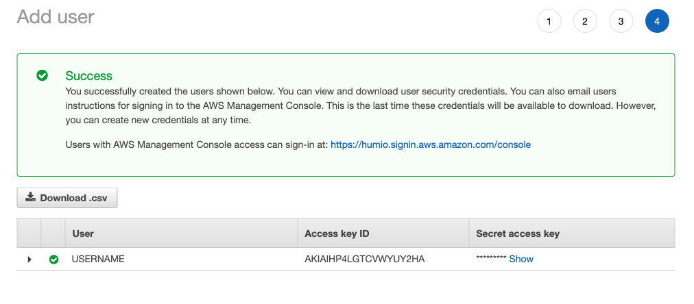 Screenshot of the AWS IAM console showing the success screen after creating a user with programmatic access. The image displays the newly generated access key ID and secret access key that must be saved securely. These credentials will be used in LogScale's configuration to authenticate with AWS S3 for archiving purposes. The screen emphasizes that this is the only time the secret access key will be visible, indicating the importance of saving these credentials immediately.