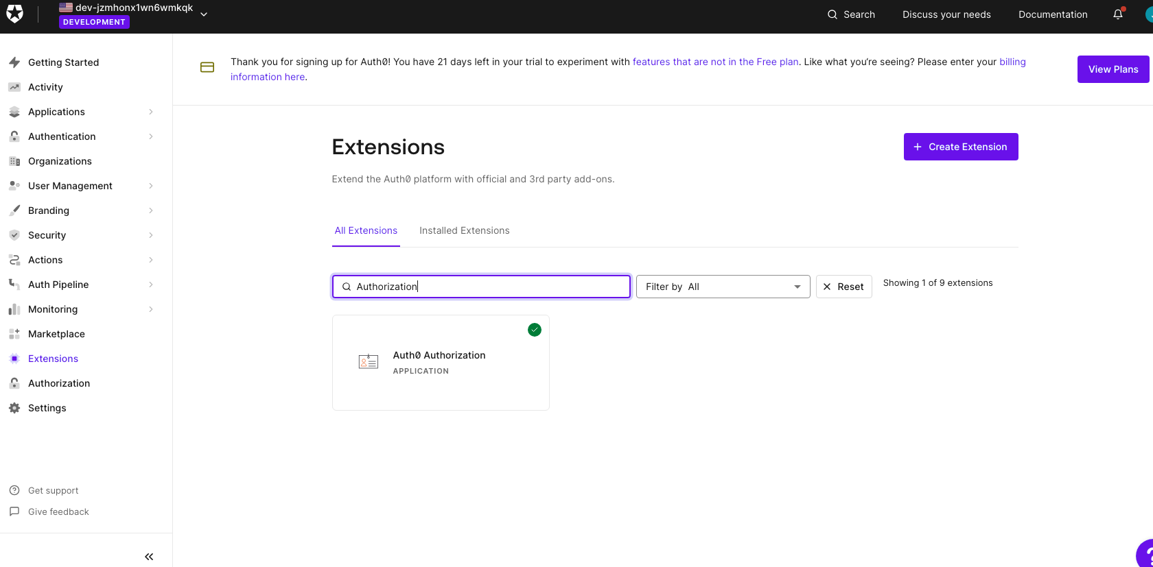 Screenshot showing the Auth0 Extensions page with the Authorization extension being searched for and installed. This extension enables group management functionality for SAML integration with LogScale.