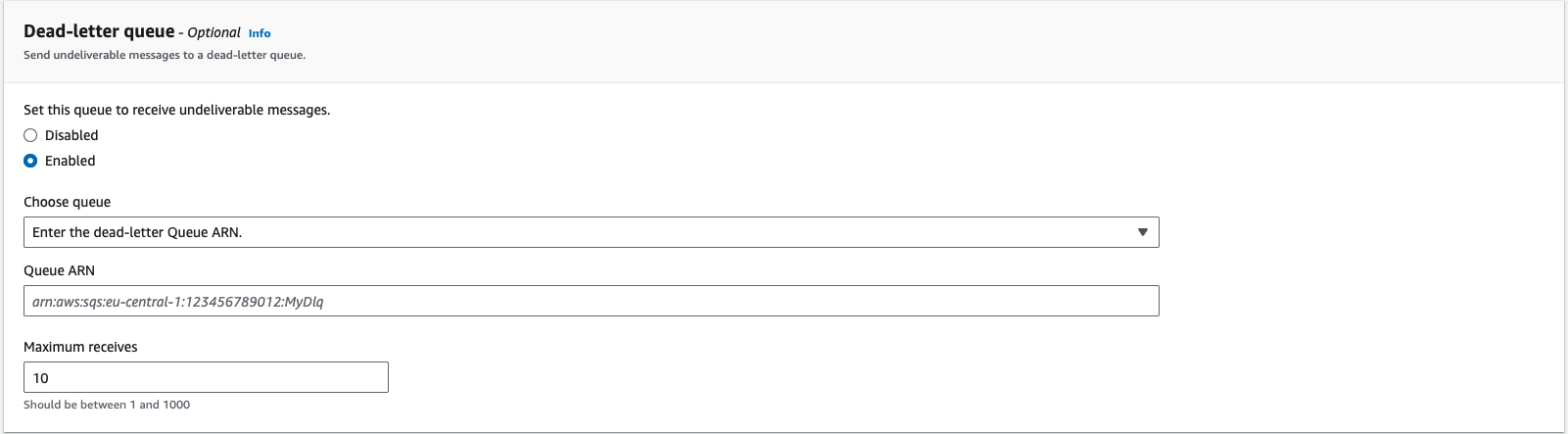 Screenshot of the AWS SQS console interface showing the dead-letter queue configuration section within the queue creation workflow. The interface displays configuration options for setting up a dead-letter queue, which is a recommended component when creating an SQS queue for LogScale's AWS S3 ingest feeds. The panel includes fields for specifying which queue to use as the dead-letter queue, along with settings for defining the maximum receives threshold that determines when messages are moved to the dead-letter queue after failed processing attempts. This configuration step is part of creating a robust error-handling mechanism for the S3 ingest process, ensuring that problematic messages don't block the main processing queue and can be separately analyzed for troubleshooting purposes. The AWS interface shows radio button options for enabling this feature along with dropdown selectors for choosing existing queues or creating new ones specifically for this dead-letter functionality.