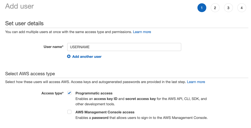 Screenshot of the AWS IAM console showing the 'Add user' interface with the 'Select AWS access type' section highlighted. The image displays the critical first step in creating an IAM user for LogScale S3 archiving access, where the administrator must select 'Programmatic access' by checking its checkbox. The interface shows two access type options: 'Programmatic access' (which must be selected for LogScale) and 'AWS Management Console access' (which is optional). The programmatic access option is highlighted because it's essential for generating the access key ID and secret access key that LogScale requires to authenticate with AWS S3. This configuration screen appears early in the IAM user creation workflow, immediately after providing a username, and is a crucial step that cannot be modified later without recreating the user. Properly configuring this access type ensures that LogScale can establish authenticated connections to the S3 buckets where archived logs will be stored.