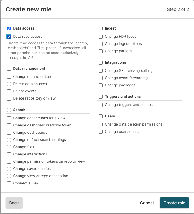 Screenshot of the LogScale permission configuration interface where specific permissions are assigned to a newly created role. The screen displays a comprehensive list of permission checkboxes organized by functional categories, allowing administrators to precisely select which capabilities the role will have. The example shown relates to creating a read-only role by selecting only the 'Data access' checkbox and leaving all other options unchecked. The interface includes a 'Create role' button at the bottom to finalize the role creation.