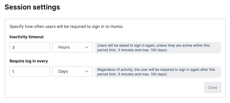 Screenshot of the LogScale Session Settings administrative interface accessible to organization owners. The panel displays configuration options for controlling user session security parameters across the organization. The interface shows two primary security controls: the Inactivity Timeout setting, which allows administrators to specify how long users can remain inactive before being automatically logged out (with toggles for enabling/disabling and duration settings); and the Maximum Login Duration setting, which enforces periodic re-authentication by specifying how long users can stay logged in before being required to sign in again regardless of activity. The panel includes dropdown menus for configuring the time values in minutes/hours/days and toggle switches for enabling each security feature.