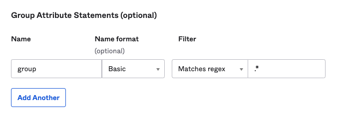 Screenshot of the Okta SAML configuration interface showing the Group Attribute Statements section. The interface displays form fields for configuring how group membership information is transferred to LogScale, with the Name field set to 'group', Name format set to 'Basic', and Filter set to 'Matches regex' with a value of '.*'. This configuration ensures that all user group assignments in Okta are properly passed to LogScale during authentication, enabling correct permission mapping between the systems.