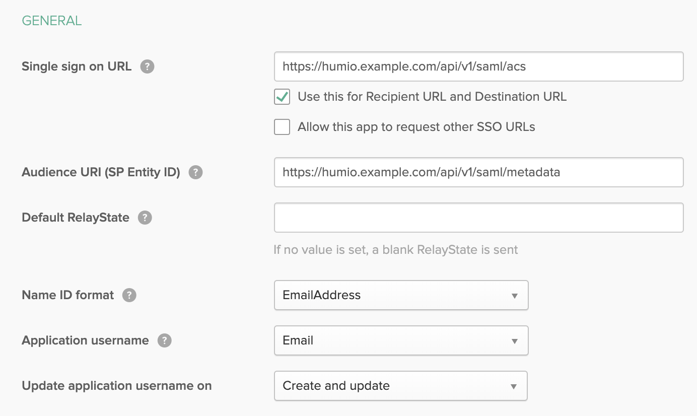 Screenshot of the Okta SAML Settings configuration interface where administrators configure the connection parameters between Okta and LogScale. The image shows the form fields that must be populated with specific LogScale endpoint values, including 'Single Sign on URL', 'Name ID Format' (set to EmailAddress), and 'Application Username' (set to Email). These precise configuration values establish the trust relationship between Okta as the identity provider and LogScale as the service provider, defining how authentication requests and assertions are exchanged between the two systems.