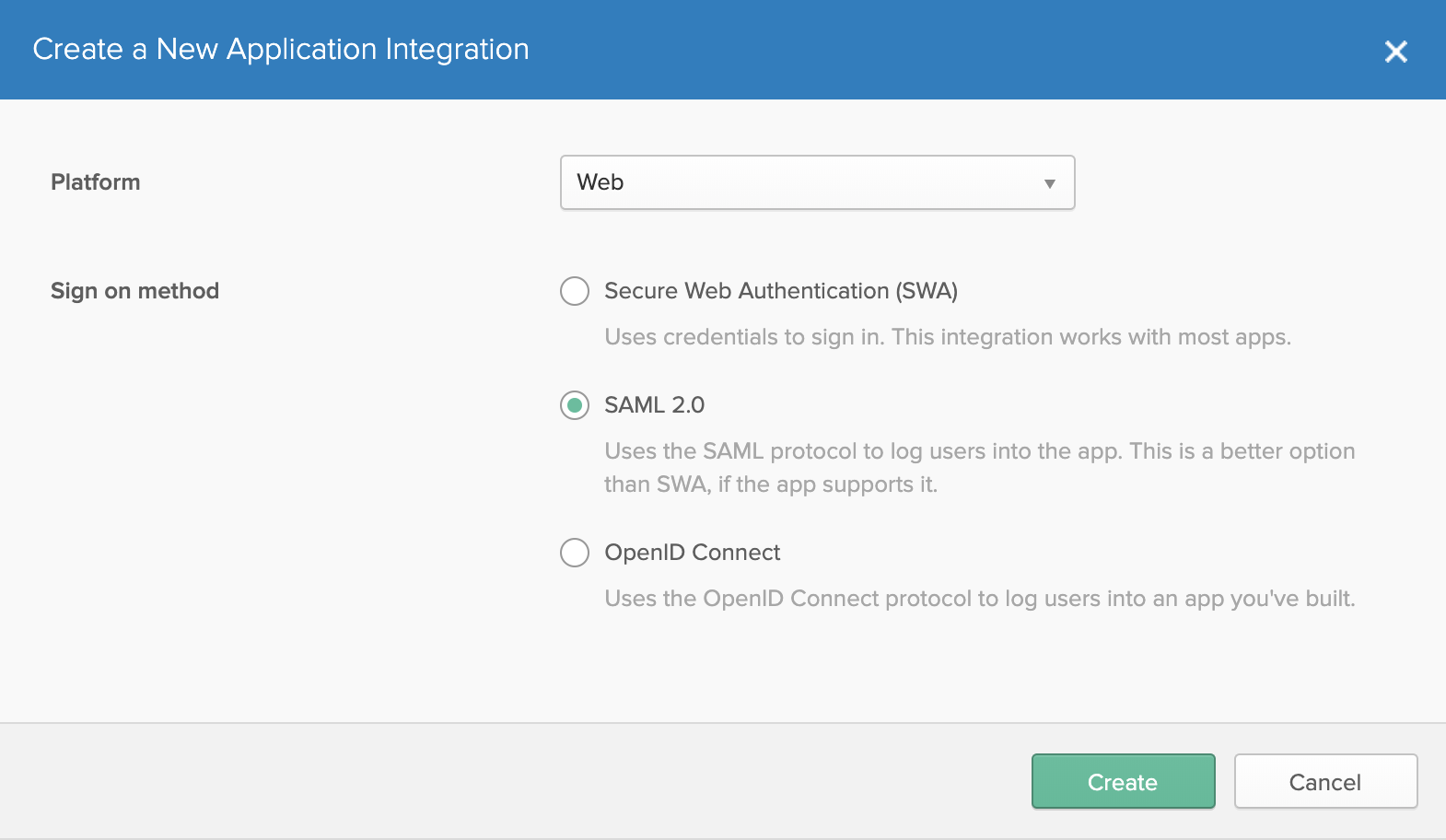 Screenshot of the Okta 'Create a New Application Integration' dialog box showing the initial setup screen for creating a LogScale application. The image displays the application creation interface where administrators must select 'Web' as the platform and 'SAML 2.0' as the sign-on method before clicking the 'Create' button. This is the first critical step in configuring Okta as an identity provider for LogScale, initiating the process of establishing SAML-based single sign-on between the two systems. The dialog shows the platform options and authentication protocol selection required to properly define LogScale as a service provider within Okta's identity management system.