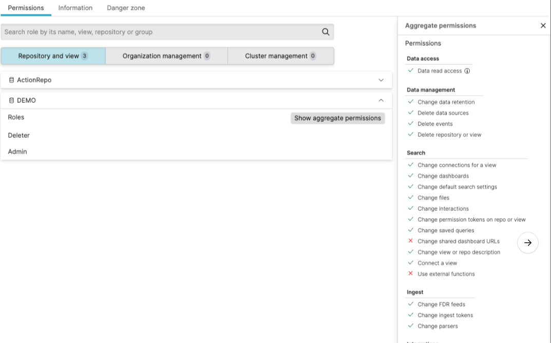 Screenshot of the LogScale aggregate permissions view showing a consolidated list of all permissions a user has for a specific repository through multiple assigned roles. This interface appears after selecting a user with multiple roles and clicking the 'Show aggregate permissions' button. The screen displays a comprehensive permission matrix that combines all access rights granted through different roles, allowing administrators to quickly assess the user's effective permissions across the system. This view is particularly valuable for security auditing and ensuring the principle of least privilege is maintained even when users have multiple role assignments.