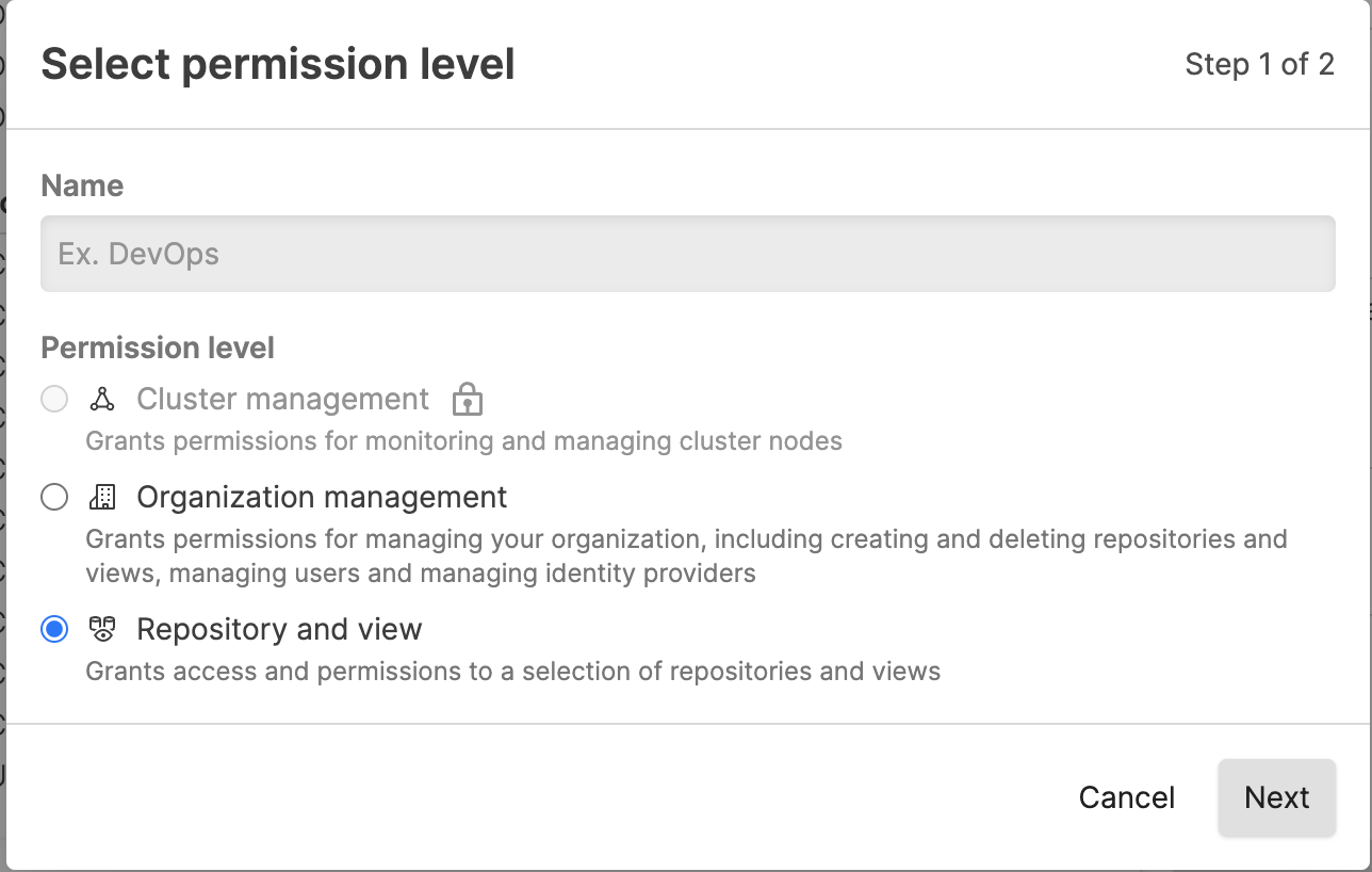 Screenshot of the LogScale 'Add Role' dialog showing the initial step in creating a custom role. The interface displays a form with an input field for entering the role name (such as 'Operations') and a dropdown menu for selecting the permission level category (such as 'Organization management'). This is the first screen in the role creation workflow, where administrators define the basic parameters of the role before proceeding to select specific permissions in the next step.