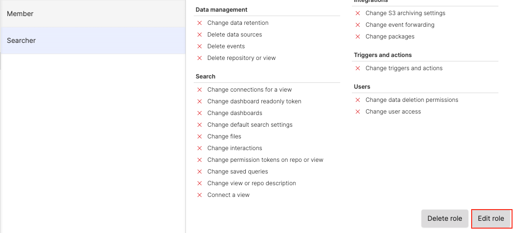 Screenshot of the LogScale role management interface showing a selected existing role with two action buttons: 'Edit role' for modifying the role's permission settings and 'Delete role' for removing it from the system. This interface appears after selecting a role from the main Roles page and serves as the starting point for administrators to maintain existing roles by either updating their permission assignments or removing roles that are no longer needed. The screen likely displays information about the selected role, including its name and current permission settings.