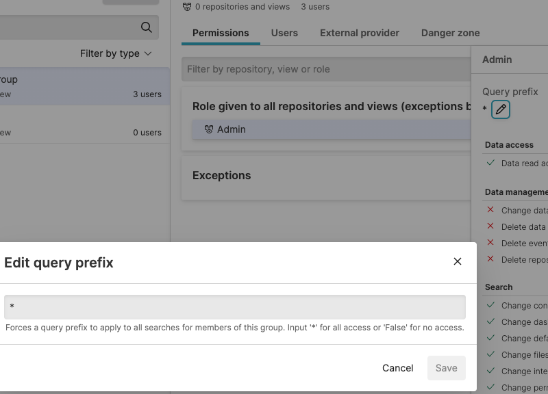 Screenshot of the LogScale Query prefix configuration interface within the group permissions settings. The panel shows a text input field where administrators can enter search filter expressions (such as 'host=web*') that will be automatically applied to every search performed by members of this group. This powerful data segmentation feature enables administrators to restrict group members to viewing only specific subsets of log data, effectively partitioning access at search time based on log attributes like hostname, environment, or any other field. The interface emphasizes that only filter expressions are allowed in query prefixes, not functions.