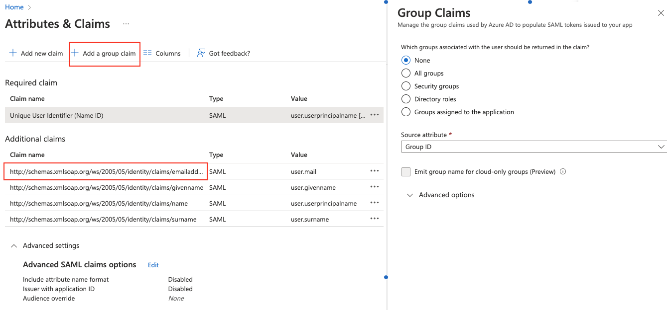 Screenshot of the Azure AD group claims configuration interface showing the '+ Add a group claim' button that administrators must click to configure group membership synchronization with LogScale. The image displays the UI where security groups and other user group associations are selected for inclusion in the SAML token. This critical step enables mapping Azure AD group memberships to LogScale permissions, allowing for automatic role assignment when users authenticate. The interface shows options for selecting the type of groups to include, with Security Groups typically being selected for role-based access control in LogScale.