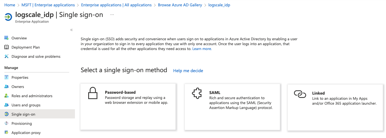 Screenshot of the Azure portal showing the single sign-on method selection page for the LogScale application. The interface displays a list of authentication options with SAML highlighted and selected from among choices like password-based, OIDC, and other protocols. This is a critical step in configuring Azure Active Directory as an identity provider for LogScale, where administrators must select SAML to proceed with the federation setup.