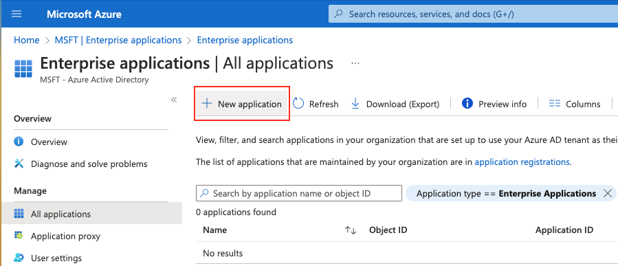 Screenshot of the Azure Active Directory Enterprise Applications interface showing the page where administrators need to click the 'New application' button to begin creating a custom application for LogScale integration. The image displays the Azure portal's Enterprise Applications management screen, which is a crucial step in the integration process as it initiates the creation of an application that will establish the SAML connection between Azure AD and LogScale for user authentication and single sign-on capabilities.