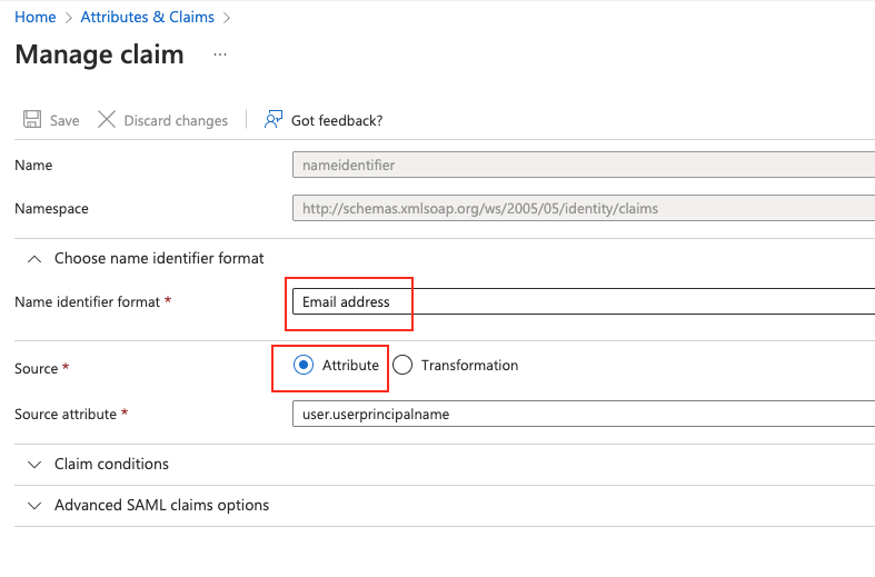 Screenshot of the Azure AD 'Manage claim' configuration window showing the settings for user identity claims that must be properly configured for LogScale integration. The image displays the crucial configuration form where 'Name identifier format' and 'Source' fields need to be set to specific values as shown in the figure.