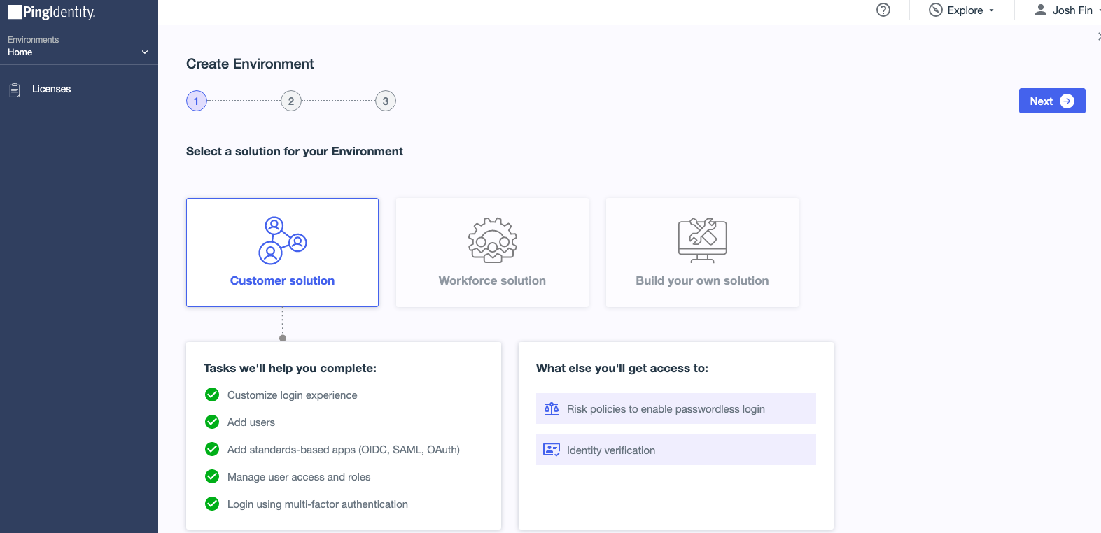 PingOne environment type selection screen with 'Customer Solution' option highlighted.