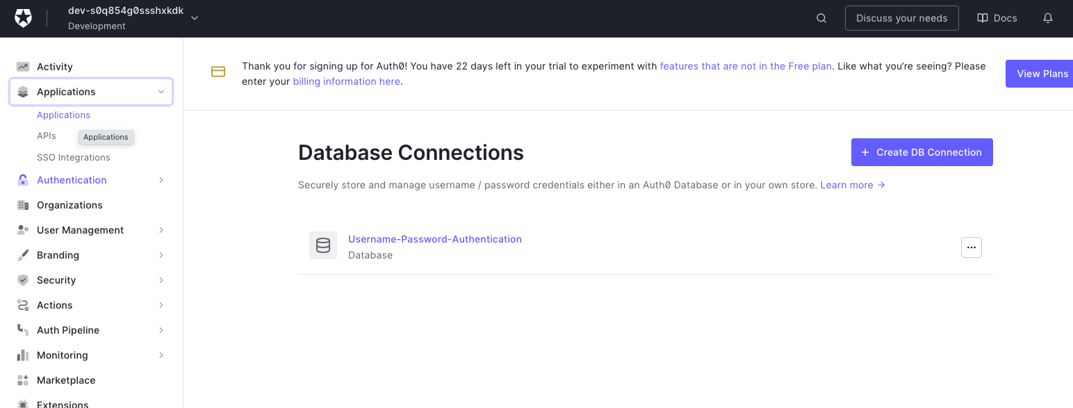 Screenshot of the Auth0 Dashboard navigation sidebar with the Applications option highlighted, showing where to begin the process of creating a new application