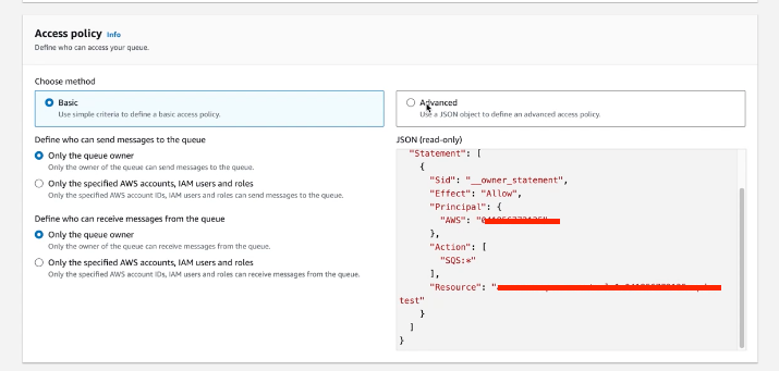 Screenshot of the AWS SQS queue access policy configuration interface showing where administrators configure permission settings for LogScale's S3 ingest functionality. The image displays the JSON policy editor within the AWS Management Console where users must paste the custom access policy that grants S3 bucket permission to send notifications to the SQS queue. The policy editor shows a text area where administrators enter the required JSON policy document with the appropriate Principal, Action, Resource, and Condition elements to establish the trust relationship between the S3 bucket and SQS queue. This configuration step is critical in the LogScale ingest feed setup workflow as it establishes the permissions needed for event notifications to flow from S3 storage to the SQS queue that LogScale monitors. The Advanced section of the access policy configuration is expanded, showing where users must replace the 'MY_ARN' placeholder with their actual S3 bucket or SNS Topic ARN to complete the security configuration.