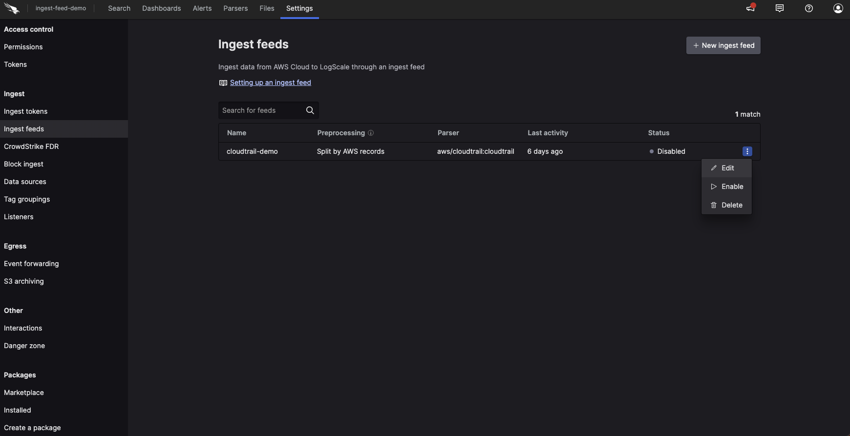Screenshot of the LogScale Ingest feeds management interface showing the action menu for enabling or disabling an AWS S3 ingest feed. This image displays the dropdown menu that appears when clicking the vertical ellipsis (⋮) icon next to a configured feed in the feeds list. The menu reveals available management options with focus on the 'Enable/Disable' toggle option that administrators use to temporarily activate or deactivate data ingestion without removing the feed configuration. This contextual menu provides a quick method for controlling the operational state of ingest feeds, allowing administrators to pause data collection during maintenance periods or when troubleshooting issues, and resume it when ready. The interface demonstrates how LogScale consolidates feed management functions into a single access point, with the Enable/Disable option offering a non-destructive way to control data flow. This capability is particularly valuable when administrators need to temporarily halt data ingestion during AWS maintenance, parser updates, or when investigating data quality issues, while preserving all configuration details for later reactivation.