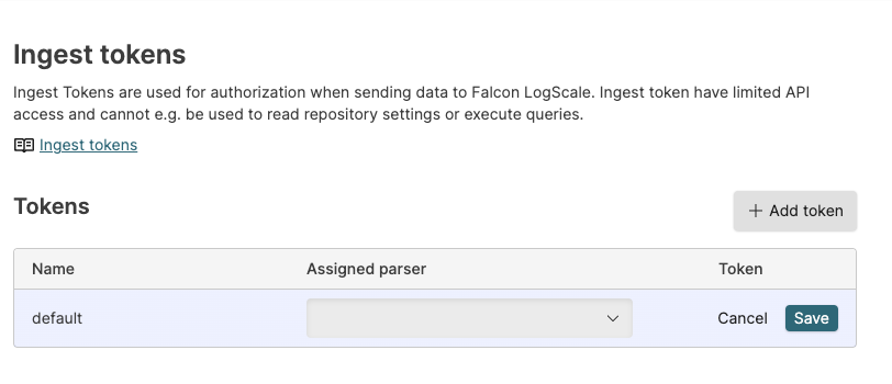 Screenshot of the LogScale API Tokens management page showing the administrative interface for creating and managing ingest tokens. The page displays a tabular list of existing API tokens with columns showing essential information for each token including name, token ID (partially masked for security), associated parser, assigned repository, creation date, and current status. The interface includes an '+ Add Token' button at the top for creating new tokens, as well as action buttons for each existing token allowing administrators to copy, edit, or delete tokens. This management console provides a centralized view for monitoring and controlling all access credentials used by log shippers and third-party applications to authenticate when sending data to LogScale repositories via the ingest API endpoints.