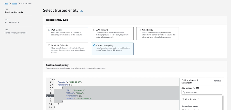 Screenshot of the AWS IAM custom trust policy configuration interface showing where administrators create the security role for LogScale S3 ingest. The image displays the JSON policy editor within the AWS IAM Console where users must paste and customize the trust policy that allows LogScale to assume the role. The policy editor shows a text area containing the JSON trust policy with placeholders for LOGSCALE_AWS_IDENTITY_ARN and 'LOGSCALE_EXTERNAL_ID' that must be replaced with the specific values copied from the LogScale ingest feed configuration. This critical security configuration establishes the trust relationship that authorizes LogScale to assume this role when accessing AWS resources. The interface includes the custom trust policy option selected, indicating that administrators must manually enter the policy rather than using pre-defined templates. This security configuration is essential for creating the proper authentication mechanism that allows LogScale to securely access both the S3 bucket containing log data and the SQS queue that provides notifications, while maintaining strict access control through the external ID condition.