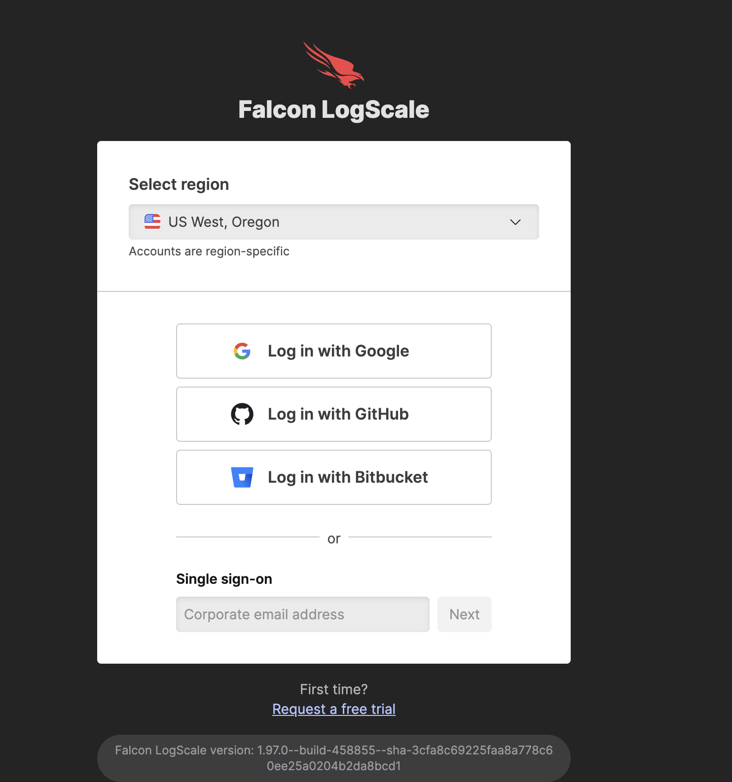 Screenshot of the LogScale login window showing the SAML authentication interface. The window displays the 'Single sign-on' input field where users must enter their corporate email address to authenticate through their identity provider. This is the required login method for users when SAML-based authentication has been enabled, even if LogScale also supports other native login options.