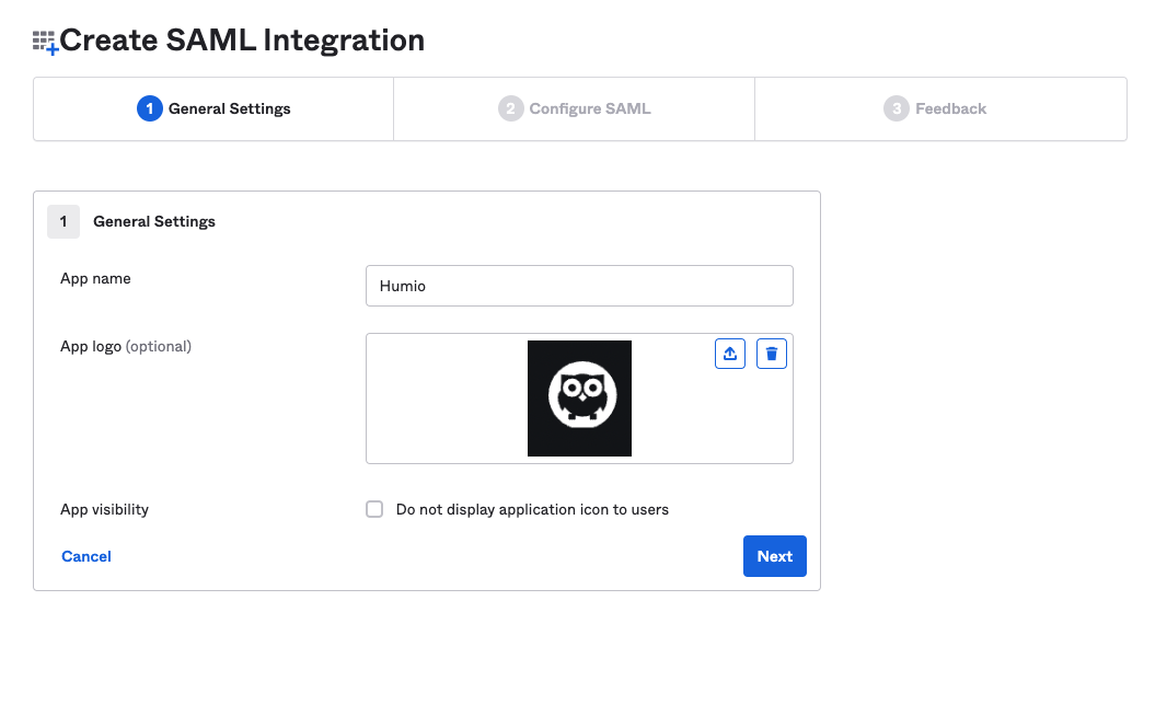 Screenshot of the Okta app creation page showing the General Settings form where you enter the application name and upload a logo