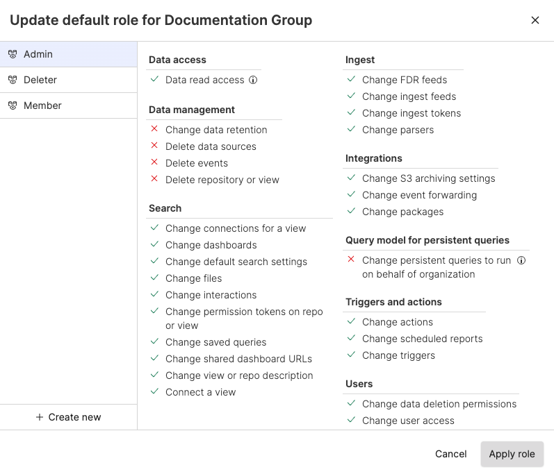 Screenshot of the LogScale role application confirmation dialog showing an 'Apply role' button that finalizes permission changes for a group. This popup appears after selecting a new role and clicking 'Change role' in the Permissions tab. The dialog prompts administrators to confirm that they want to update the default role for the entire group, likely with information about which role is being applied and the security implications of this change.