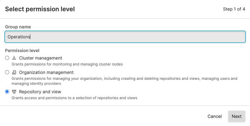 Screenshot of the LogScale 'Create Group' dialog showing the initial configuration interface. The form displays a text field for entering the group name (such as 'Operations') and a selection panel for choosing permission levels to apply to the new group. Permission levels likely include options for organization-level access, repository and view access, and other security categories. At the bottom of the dialog is a 'Next' button that advances to the repository selection screen. This interface is the entry point for defining a new user group and its basic permission framework.