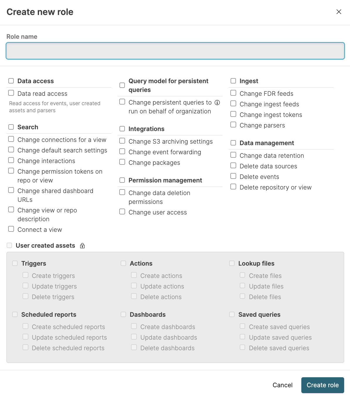 Interface showing the 'Create new role' dialog with fields for entering a role name and a checklist of permissions that can be assigned to this custom user role. The dialog includes 'Create role' and 'Cancel' buttons at the bottom.