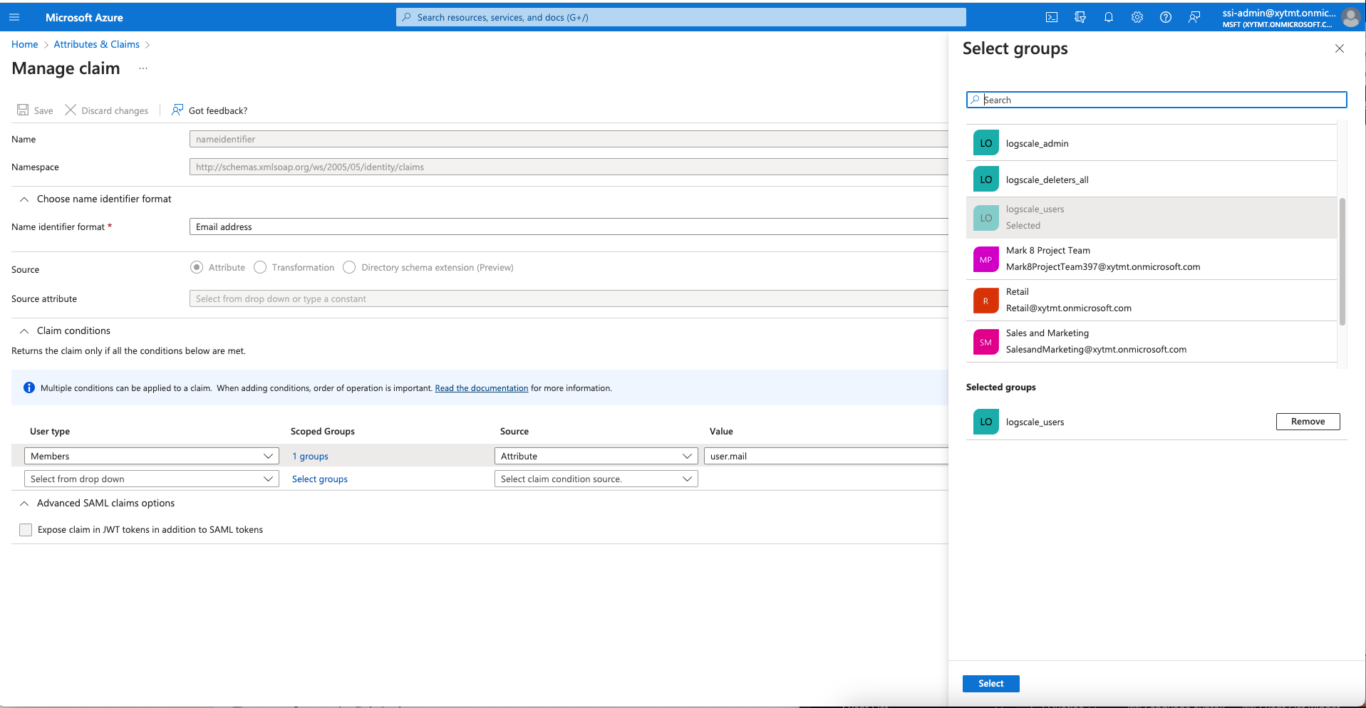 Screenshot of the Azure AD group configuration interface showing the process of assigning user types to Azure AD groups for LogScale integration. The image displays the section where administrators click under 'Scoped Groups' to select newly created groups and specify user types (Members or Admin) with 'user.mail' set as the attribute value.