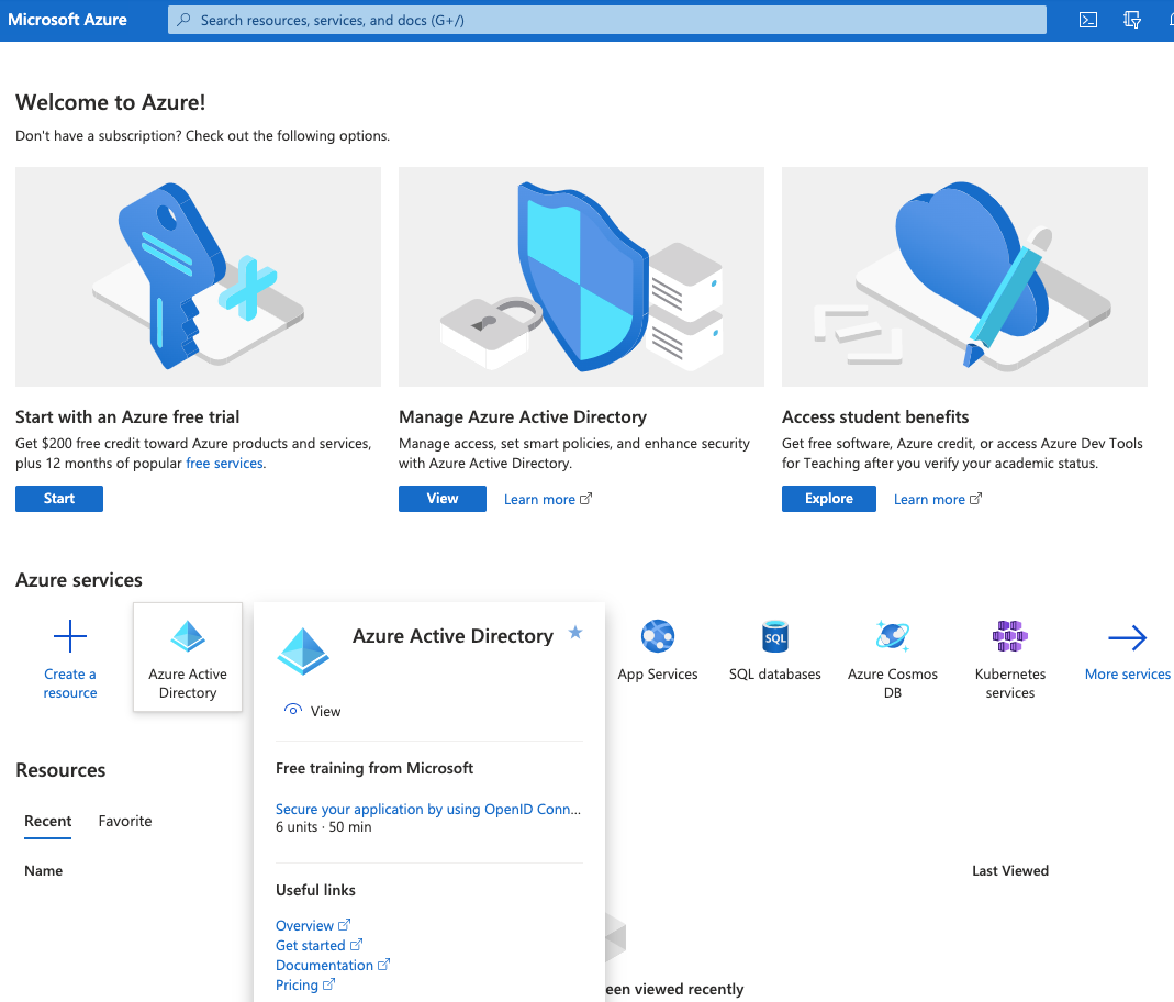 Screenshot of the Azure portal home page showing various service cards, with the Azure Active Directory card highlighted. The Azure Active Directory card appears as a rectangular tile with its logo (a stylized user silhouette inside a key-shaped border) and is the first service that needs to be selected when beginning the LogScale SAML configuration process with Azure AD. This is the initial navigation step where administrators click to access identity and access management settings.
