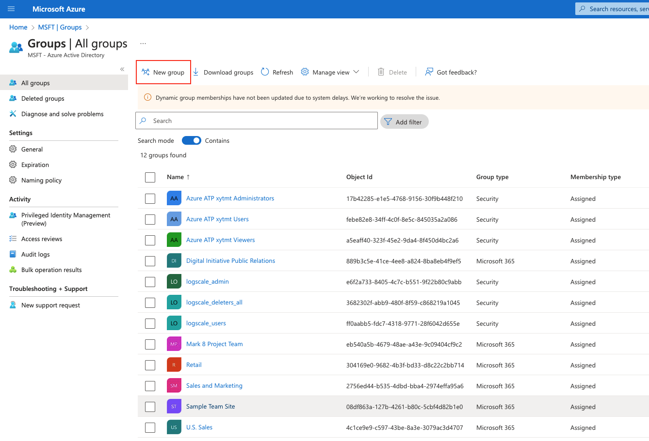 Screenshot of the Azure Active Directory Groups management interface showing the process of creating a new group for LogScale integration. The image displays the Azure portal's Groups page with the 'New group' button highlighted, which administrators need to click to create groups such as 'logscale_admin'.
