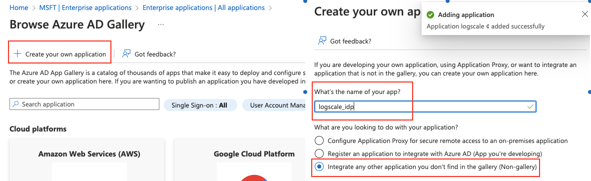 Screenshot of the Azure AD application creation interface showing the 'Create your own application' dialog. The form displays a text field for entering an application name (example shown: 'logscale_idp') and radio button options for integration types, with 'Integrate any other application you don't find in the gallery' selected. This interface appears during step 1 of the Azure AD integration with LogScale, where administrators must create a custom application to establish SAML authentication between Azure AD and LogScale.