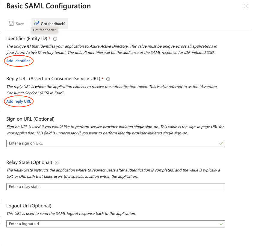 Screenshot of the Azure AD SAML configuration interface showing the 'Basic SAML Configuration' form where administrators must enter critical connection parameters for LogScale integration. The form displays fields for 'Identifier (Entity ID)', and optional fields for 'Sign on URL' and 'Relay State'. These parameters establish the trust relationship between Azure AD as the identity provider and LogScale as the service provider, enabling proper SAML authentication flow between the two systems.