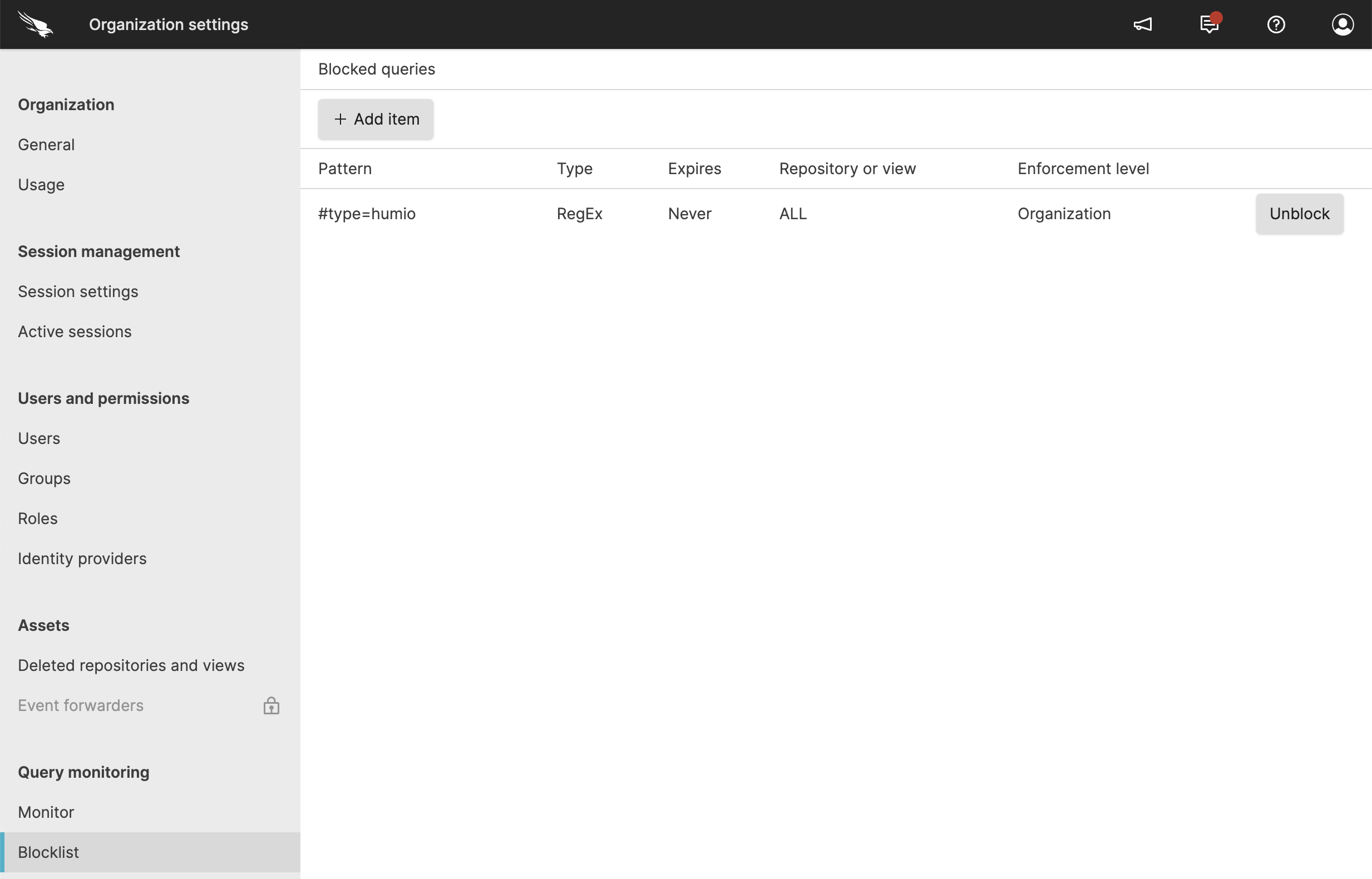 Screenshot of the LogScale Organization Query Administration Blocklist interface showing a tabular view of currently blocked queries within the organization. The table displays multiple columns including Pattern (query string or regex being blocked), Type (Exact Match or Regular Expression), Expiration date, Repository or view scope, and Enforcement level (organization-wide or specific repositories). This administrative interface allows organization owners to view all query blocks in one place, manage existing blocks, and understand which query patterns are restricted across the system. The blocklist helps prevent execution of resource-intensive, potentially malicious, or sensitive data-exposing queries.