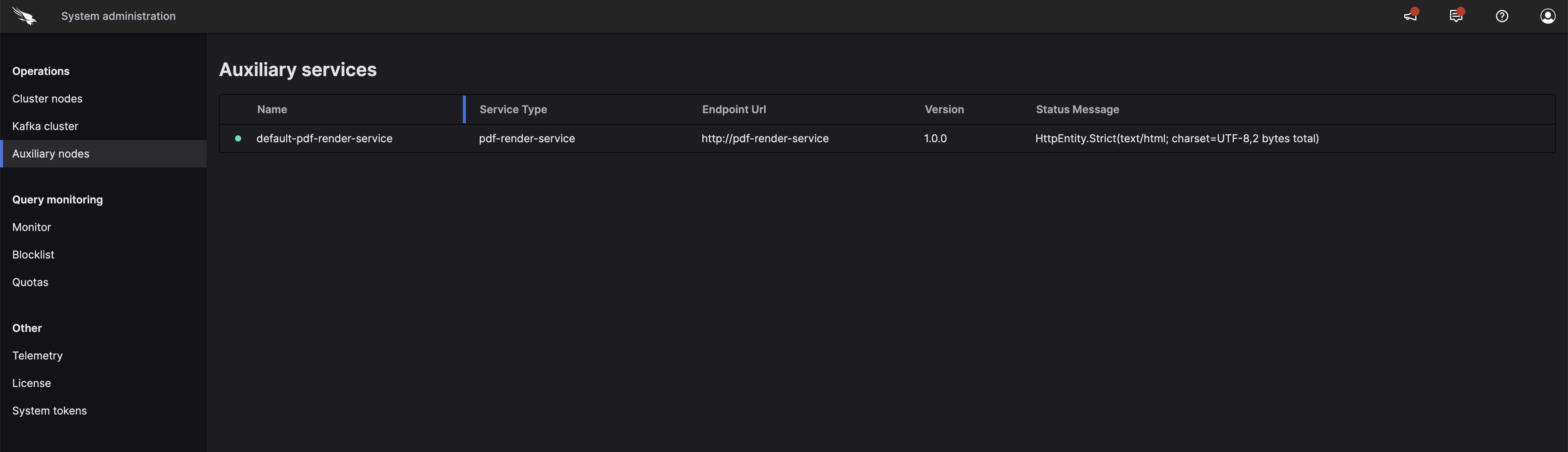 Screenshot of the LogScale Auxiliary Services interface showing a tabular view of connected auxiliary nodes. The table displays key information about each auxiliary service including Name, Service Type, Endpoint URL, Version, and Status Message columns. This monitoring interface allows administrators to track the status and configuration of auxiliary services such as the pdf-render-service that performs additional operations alongside the main LogScale cluster.