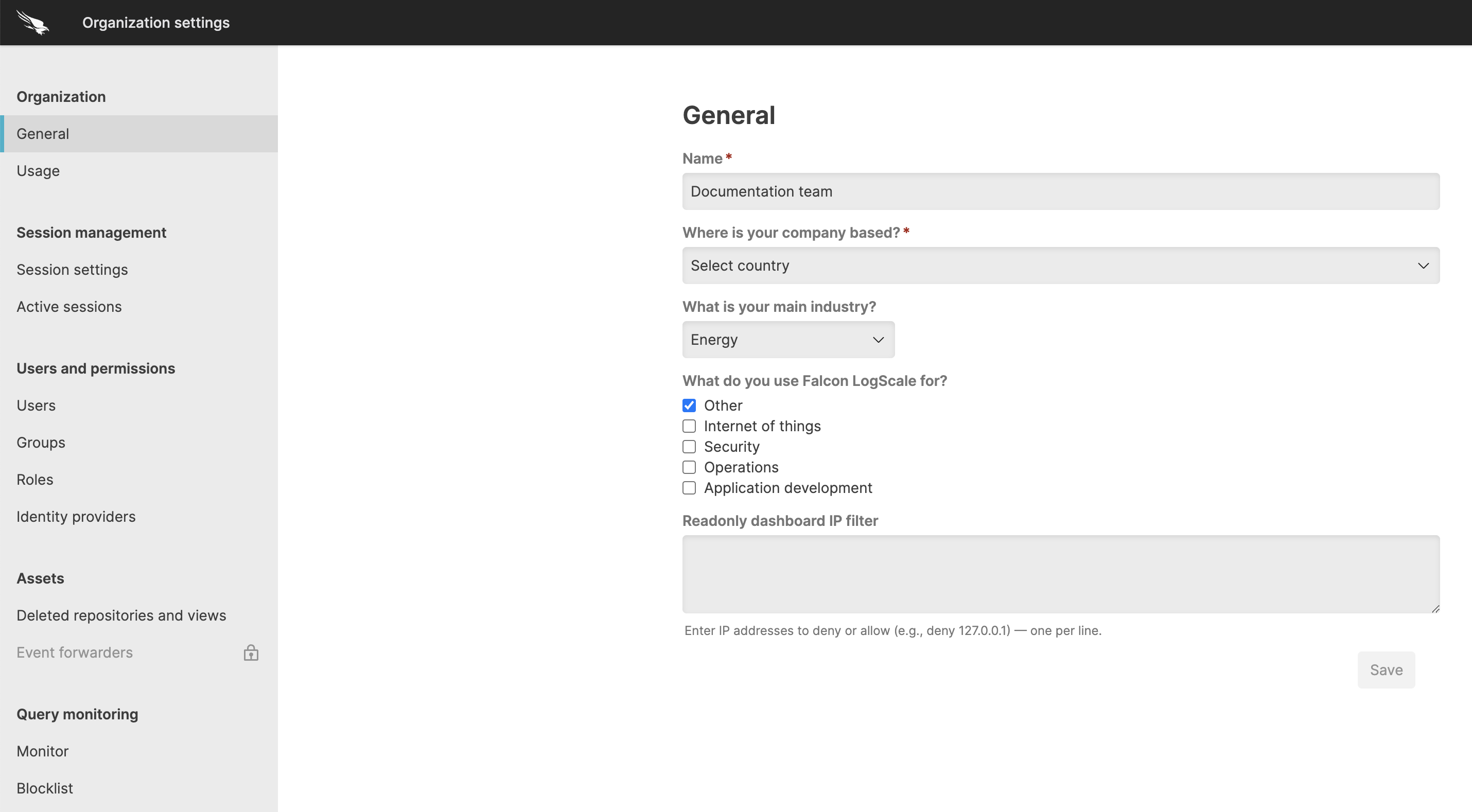Screenshot of the LogScale Organization Settings interface showing the configuration dashboard accessed by organization owners. The interface displays various administration panels including General organization information, Usage statistics, Session Management options, Users and Permissions controls, and Query Monitoring tools.